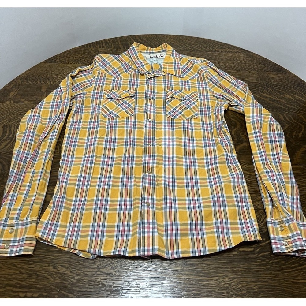 Hollister Y2K Surf Snap Button Shirt Mens L Plaid Orange Blue Hong Kong